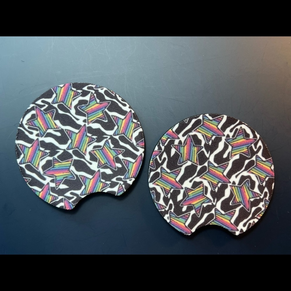 Rainbow Stars Black Set Of 2 Car Cup Coasters New